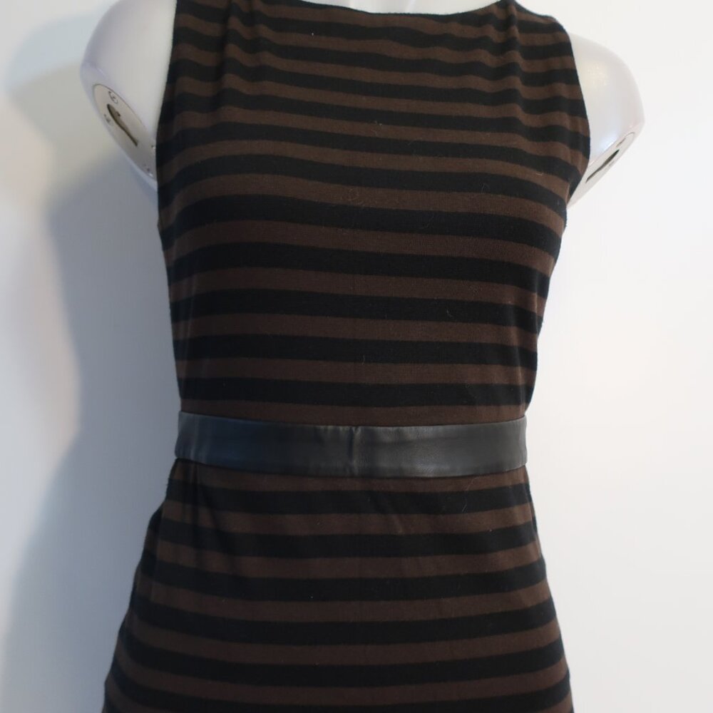 Womens Alice + Olivia Black Brown Striped Stretch Leather Waistband Mini Dress 6 - Picture 4 of 11